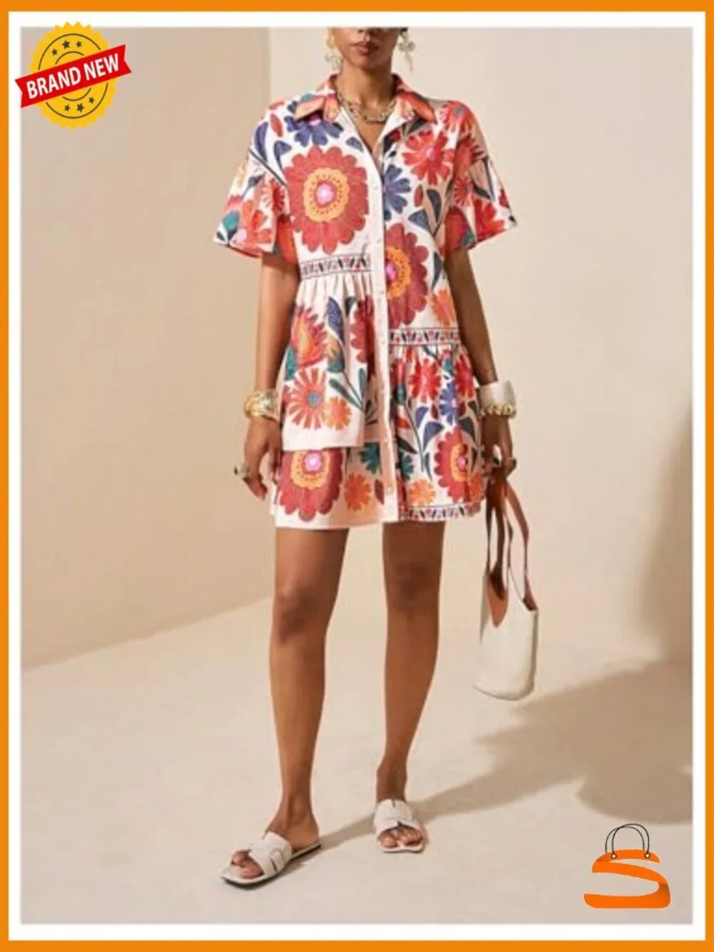 Floral Button Down Shirt Dress Short Sleeve Ruffle Hem Flowy Babydoll Dress